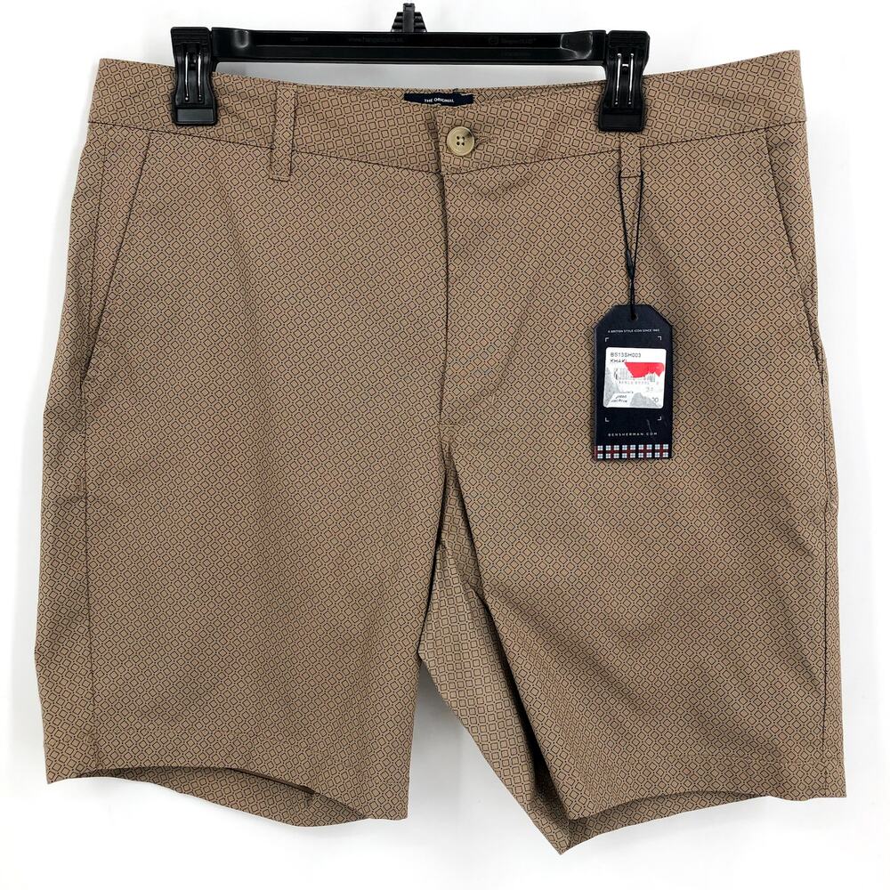 BEN SHERMAN Men's Printed Stretch Chino Shorts Size 34 Khaki Tan Flat Front NWT